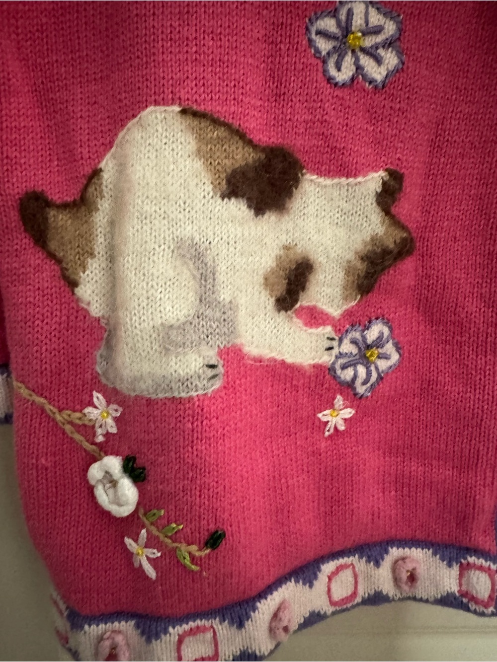 Storybook Knits Pink Embroidered Cat Floral Button V-Neck Cardigan Sweater 1X - Picture 5 of 10